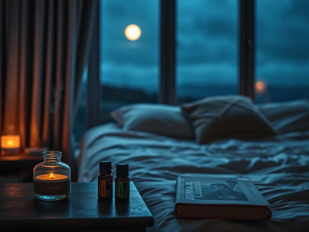 A peaceful, dimly lit bedroom scene. In the foreground, a nightstand with a small glass jar of aromatic essential oils, a diffuser, and a book on aromatherapy. The middle ground features a cozy bed with soft, cloud-like bedding and a plush, inviting throw pillow. In the background, a large window allows a view of a serene, moonlit landscape, creating a calming, restful atmosphere. The lighting is warm and subtle, setting the mood for relaxation and sleep. A sense of tranquility and well-being permeates the scene.
