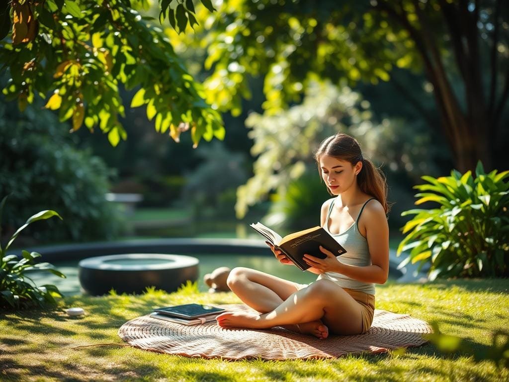 A peaceful, sun-drenched garden, with lush foliage and a serene pond. In the foreground, a person sits cross-legged on a woven mat, engrossed in a book, their face reflecting a sense of calm focus. No smartphones, laptops, or other digital devices are visible, creating a tranquil, device-free setting. The lighting is soft and natural, casting a warm glow over the scene. The background is filled with the gentle rustling of leaves and the chirping of birds, evoking a sense of mindfulness and disconnection from the digital world. The overall mood is one of simplicity, rejuvenation, and a return to the present moment.