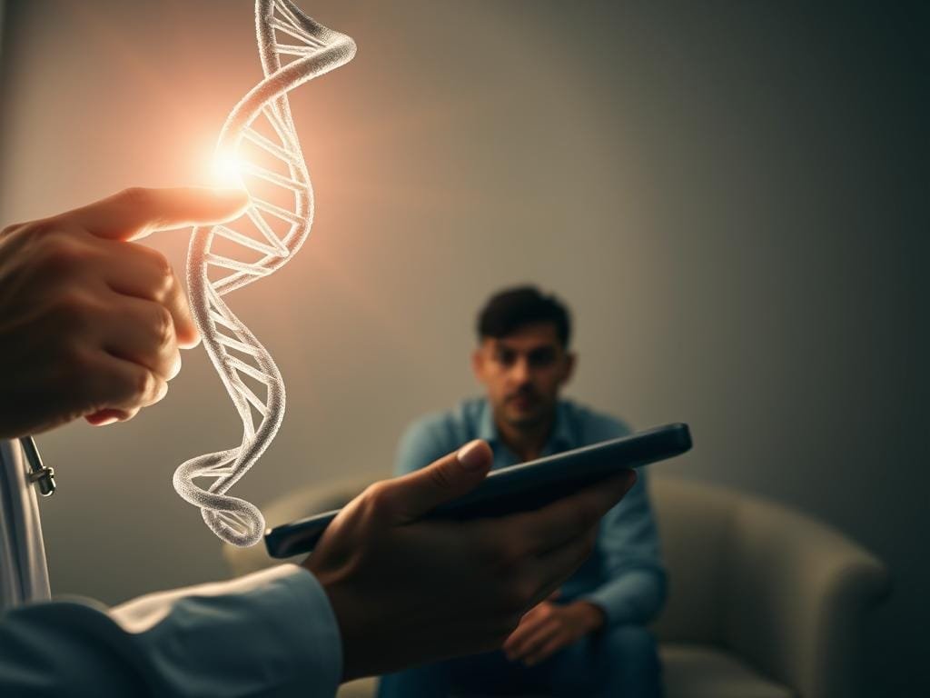 A personalized DNA helix gently unfurls, illuminated by a soft, warm light. In the foreground, a doctor's hand hovers over a tablet, analyzing intricate genetic data. In the middle ground, a patient sits thoughtfully, their expression reflecting the significance of this tailored treatment plan. The background is a muted, subdued palette, emphasizing the focus on the individualized, precision-driven process. Subtle, ethereal rays of light emanate from the helix, symbolizing the transformative power of personalized medicine. Captured with a cinematic, medium-wide angle lens, the image conveys a sense of wonder, hope, and the seamless integration of cutting-edge science and personalized care.