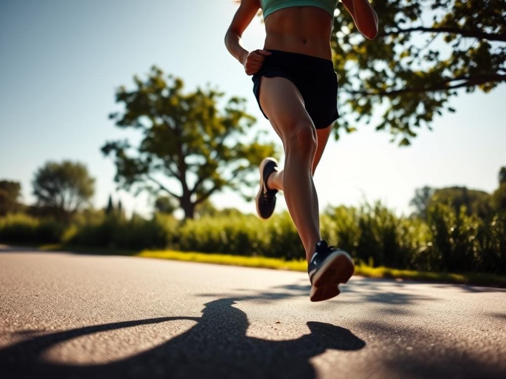 A physically active person jogging in a sunny outdoor setting, their silhouette casting a long shadow on the ground. The scene is captured with a wide-angle lens, providing a sense of depth and scale. The runner's body is lean and toned, conveying the effects of regular exercise on fat loss. The background features lush greenery and a clear sky, creating a peaceful and invigorating atmosphere. Soft, directional lighting from the sun casts warm, natural shadows and highlights the subject's dynamic movement. The overall impression is one of health, vitality, and the transformative power of physical activity for fat reduction.