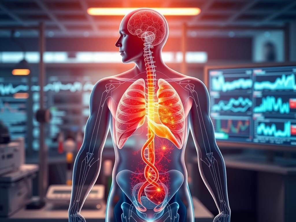 A precision medicine benefits illustration showcasing a human figure with a transparent internal anatomy, highlighting the intricate interplay of genetic factors, personalized diagnostics, and tailored treatment options. The scene is set against a backdrop of scientific equipment and data visualizations, conveying the cutting-edge nature of this approach. Soft, warm lighting illuminates the figure, creating a sense of hope and possibility. The composition emphasizes the interconnectedness of the individual's unique genetic blueprint and the personalized solutions that can unlock their full health potential.