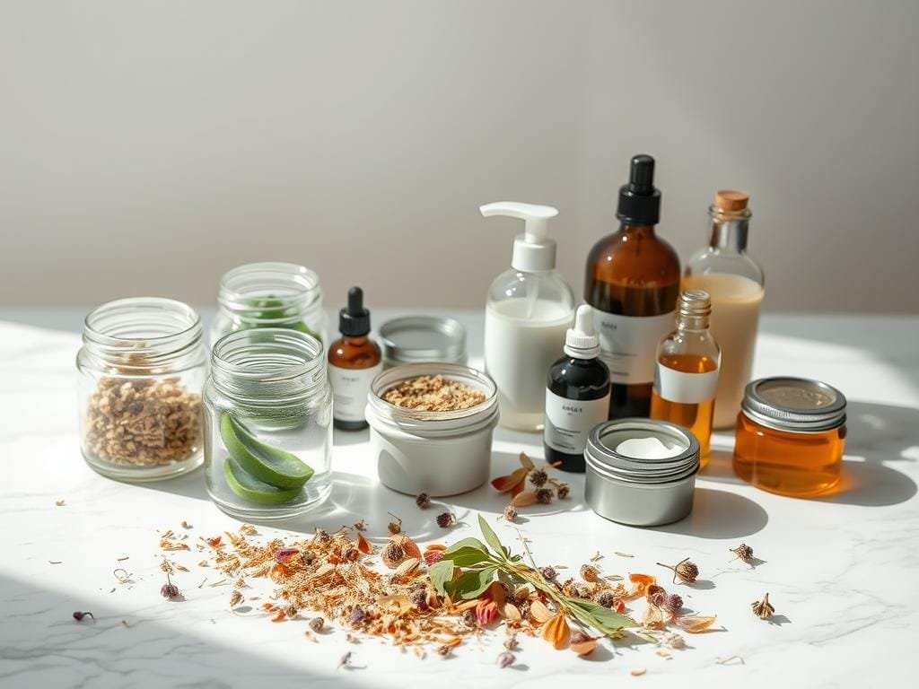 A pristine, minimalist arrangement of clean beauty products resting on a white marble surface, bathed in soft, natural lighting. In the foreground, an assortment of glass jars, pump bottles, and tin containers showcasing natural, organic ingredients like aloe vera, chamomile, and essential oils. The middle ground features a scattering of dried flowers, leaves, and herbs, hinting at the botanical origins of the products. The background fades into a serene, airy atmosphere, emphasizing the purity and simplicity of the clean beauty routine.