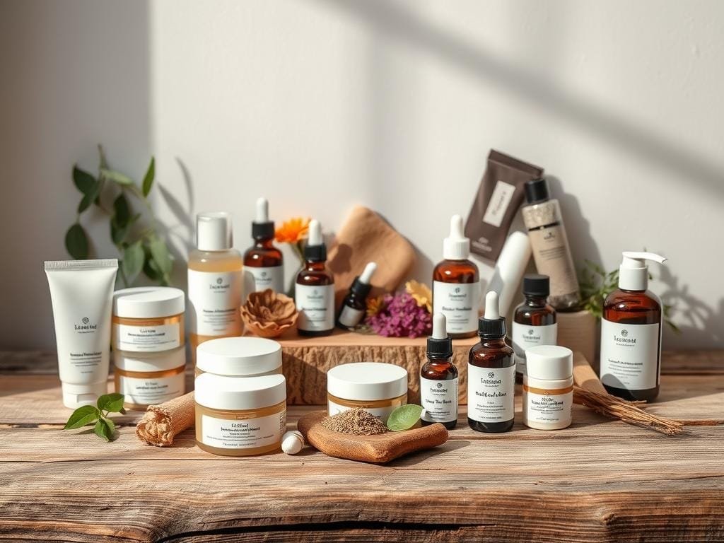 A pristine still life showcasing an array of organic beauty products on a rustic wooden surface. In the foreground, an assortment of natural skincare items - moisturizers, cleansers, and serums - arranged in a visually appealing manner, their packaging displaying minimalist, earthy designs. The middle ground features a selection of essential oils and botanical ingredients, their vibrant colors and textures contrasting with the neutral tones of the background. Soft, diffused lighting illuminates the scene, casting gentle shadows and highlighting the natural beauty of the products. The overall mood is one of tranquility, purity, and a celebration of the simple elegance of clean beauty.