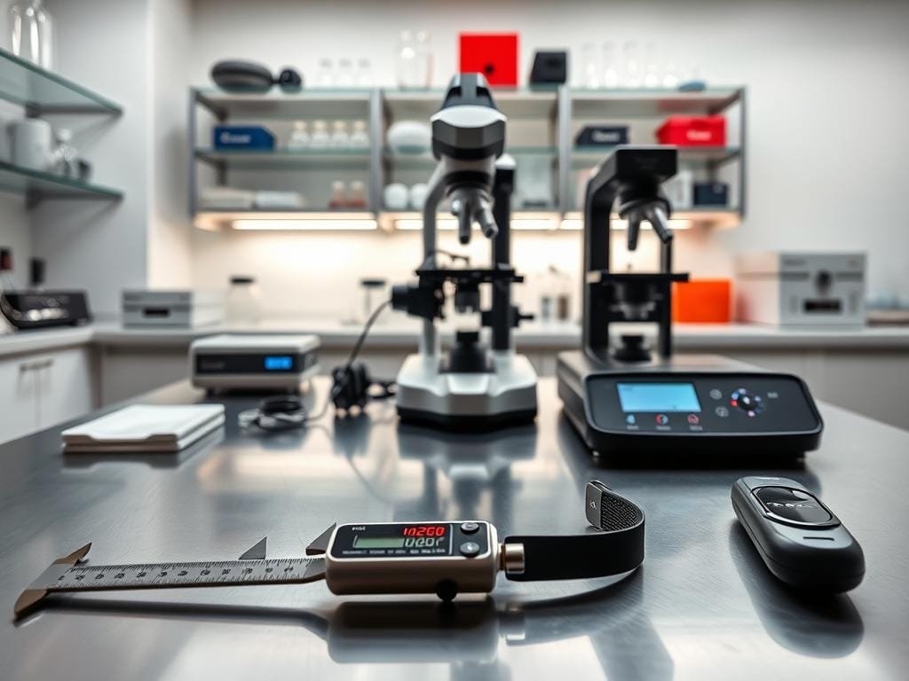 A pristine, well-lit laboratory workspace, with an array of biohacking tools laid out on a stainless steel table. In the foreground, a high-precision digital caliper, a smart wearable device, and a handheld blood analyzer. In the middle ground, a microscope, a centrifuge, and a spectrophotometer stand ready. The background features a sleek, minimalist design, with shelves displaying various scientific equipment and glassware. The overall atmosphere conveys a sense of cutting-edge technology, scientific rigor, and a passion for self-optimization.
