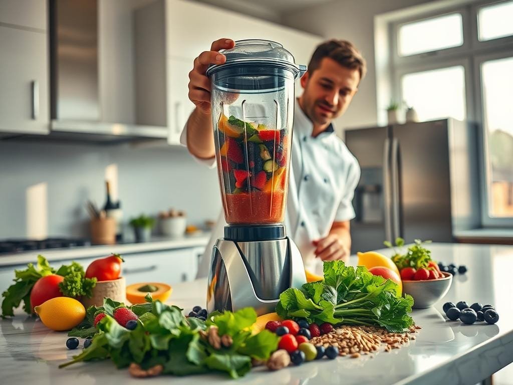 A professional chef demonstrates smoothie blending techniques in a bright, airy kitchen. In the foreground, a high-powered blender whirs, swirling vibrant fruits and vegetables into a creamy, nutrient-dense beverage. The middle ground features an assortment of superfoods - leafy greens, berries, nuts, and seeds - arranged artfully on a marble countertop. Warm, natural lighting from large windows illuminates the scene, casting a soft glow and emphasizing the vibrant colors. The background showcases sleek, modern appliances and minimalist decor, creating a clean, sophisticated atmosphere. The overall mood is one of health, vitality, and culinary expertise.