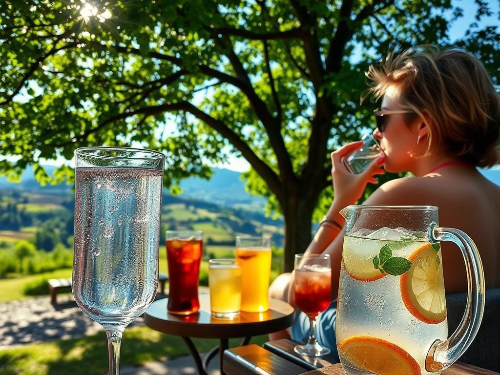 A refreshing summer scene in the hot outdoors. In the foreground, a person sitting on a park bench sipping from a large, chilled glass of water, droplets of condensation glistening on the surface. Behind them, a lush green tree canopy casts a cool, dappled shade. In the middle ground, a small table holds a variety of hydrating beverages - iced tea, lemonade, and a pitcher of infused water with slices of fruit. In the background, a picturesque landscape of rolling hills and a clear blue sky, the sun's rays gently warming the scene. The overall atmosphere is one of tranquility and respite from the heat, encouraging the viewer to pause and quench their thirst.