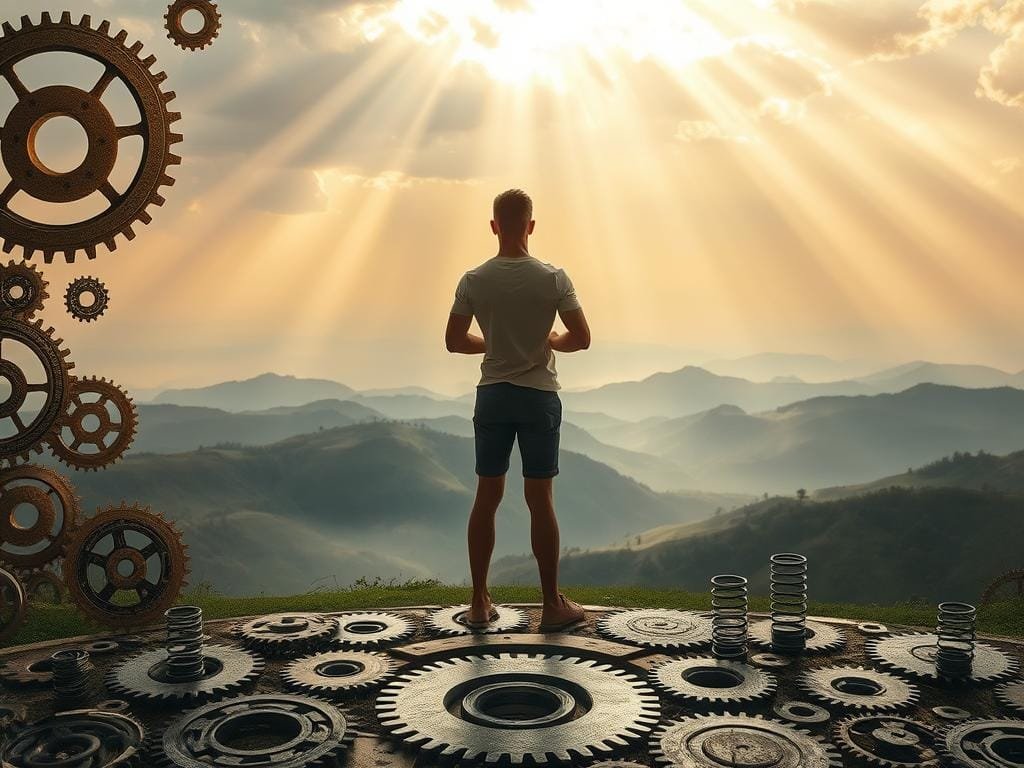 A resilient person standing tall, their body poised with an unwavering confidence. In the foreground, intricate patterns of interlocking gears and springs symbolize the inner workings of their bounce-back ability. The middle ground features a serene, misty landscape with rolling hills, suggesting the tranquil backdrop against which their resilience is tested. Overhead, shafts of warm, golden light pierce through clouds, illuminating the figure and imbuing the scene with a sense of hope and determination. The overall mood is one of strength, adaptability, and the indomitable human spirit.