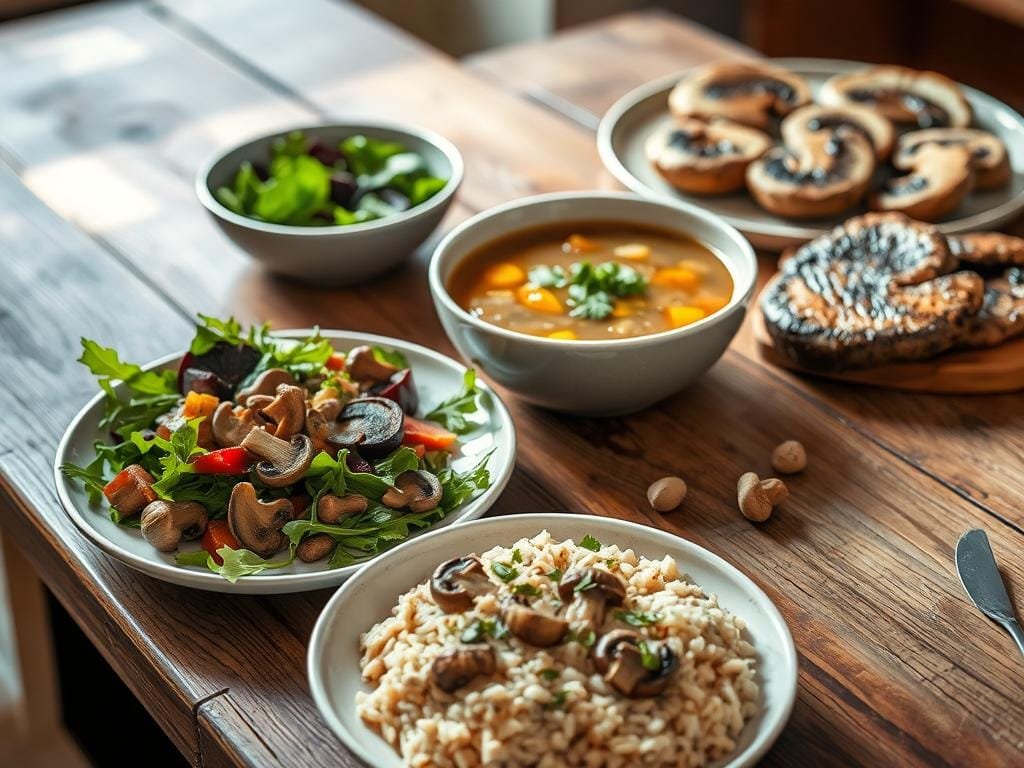 A rustic wooden table, illuminated by soft natural lighting, showcases an assortment of carefully prepared mushroom dishes. In the foreground, a savory mushroom risotto, its creamy texture accented by the earthy aroma of sautéed shiitake and oyster mushrooms. Beside it, a vibrant mushroom salad with arugula, roasted beets, and a tangy vinaigrette. In the middle ground, a hearty mushroom soup, its rich broth infused with the umami essence of porcini. In the background, a platter of seared king oyster mushroom steaks, their crisp exteriors contrasting with the tender, meaty interiors. The overall scene exudes a sense of culinary expertise and a deep appreciation for the versatility and health benefits of these remarkable fungi.