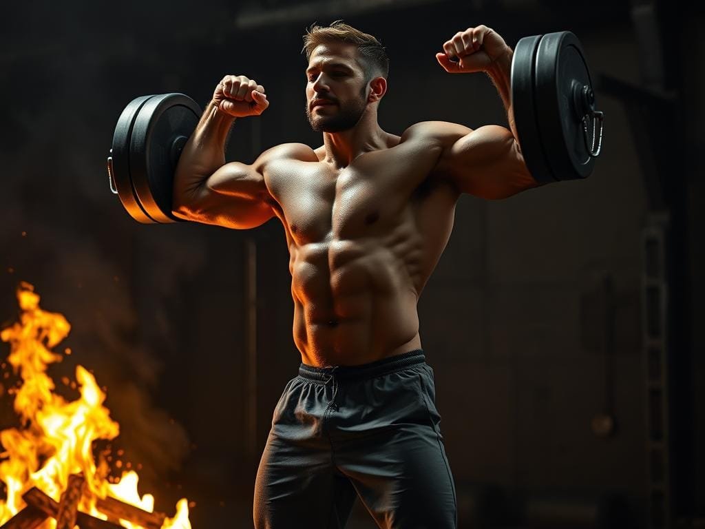 A sculpted, muscular figure standing in a dimly lit, gritty urban setting, sweat glistening on their skin as they perform a dynamic weightlifting exercise, surrounded by the glow of a raging fire that symbolizes the intense process of simultaneously burning fat and building muscle. Dramatic, high-contrast lighting casts dramatic shadows, conveying the hard work and determination required. The figure is captured mid-motion, their expression focused and resolute, embodying the transformation from excess to strength.