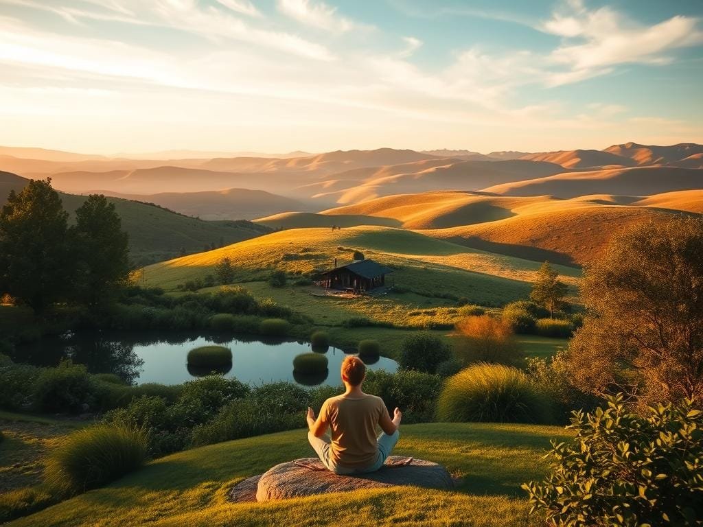 A serene and minimalist landscape depicting the transformative benefits of simple living. In the foreground, a person meditating in a zen garden, surrounded by lush greenery and a tranquil pond. The middle ground showcases a small, cozy cabin nestled amidst rolling hills, bathed in warm, golden light. In the background, a vast, open sky with wispy clouds, conveying a sense of boundless freedom and inner peace. The scene is captured with a soft, atmospheric lighting, using a wide-angle lens to emphasize the harmony and balance of the simple, yet profoundly fulfilling lifestyle.