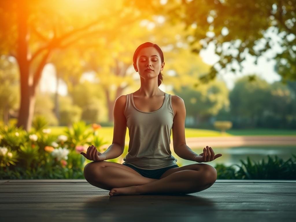 A serene and tranquil scene, bathed in warm, diffused lighting. In the foreground, a person sits cross-legged, eyes closed, hands resting calmly on their lap, embodying mindfulness and inner peace. The middle ground reveals a lush, verdant garden, with swaying trees and blooming flowers, symbolizing the restorative power of nature. In the background, a calming body of water reflects the sky, creating a sense of balance and harmony. The overall atmosphere evokes a sense of grounding, resilience, and the ability to find solace in the present moment, even amidst life's challenges.