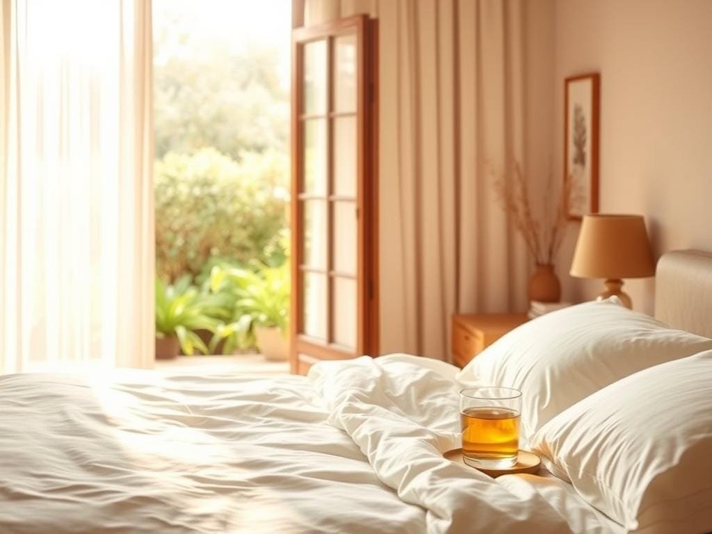 A serene bedroom scene, bathed in soft, warm lighting. In the foreground, a plush, inviting bed with crisp, white linens. On the nightstand, a glass of water and a calming herbal tea. In the middle ground, an open window overlooking a lush, verdant garden, where sunlight filters through gauzy curtains. In the background, a minimalist but cozy decor, with earthy tones and natural textures that evoke a sense of tranquility. A sense of peaceful slumber and restoration permeates the scene, reflecting the deep connection between quality sleep and a healthy gut microbiome.