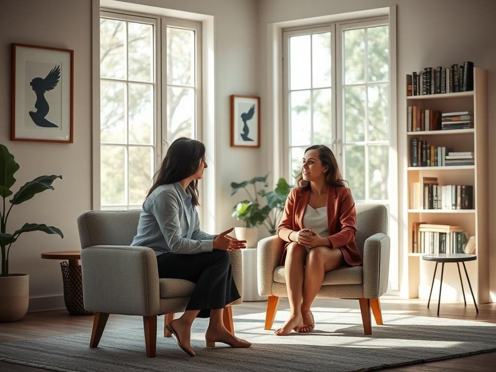 A serene counseling session unfolds in a tranquil room. A therapist and patient sit in comfortable armchairs, engaged in an intimate discussion. Soft natural lighting filters through large windows, casting a calming glow. The walls display soothing artwork and shelves of psychology books, conveying an atmosphere of introspection and healing. The patient's posture is relaxed, reflecting a sense of trust and openness. The therapist's expression is one of empathetic understanding, guiding the client towards psychological recovery. Muted tones and a minimalist aesthetic create a space for contemplation and inner transformation.