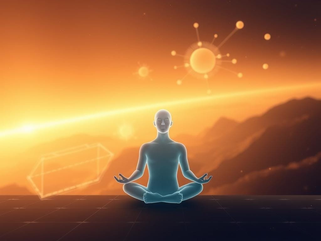 A serene cyberspace landscape, bathed in a soft, ambient glow. In the foreground, a holographic figure sits in a meditative pose, hands resting gently on their lap. The figure's outline is hazy, almost ethereal, representing the calming, meditative state. In the middle ground, abstract geometric shapes and patterns float and intersect, creating a sense of order and balance. In the background, a vast expanse of digital space, with distant luminous nodes and wispy data streams, conveying a sense of interconnectedness. Warm, muted tones and a shallow depth of field evoke a sense of tranquility and focus, inviting the viewer to find their own digital zen. A serene cyberspace landscape, bathed in a soft, ambient glow. In the foreground, a holographic figure sits in a meditative pose, hands resting gently on their lap. The figure's outline is hazy, almost ethereal, representing the calming, meditative state. In the middle ground, abstract geometric shapes and patterns float and intersect, creating a sense of order and balance. In the background, a vast expanse of digital space, with distant luminous nodes and wispy data streams, conveying a sense of interconnectedness. Warm, muted tones and a shallow depth of field evoke a sense of tranquility and focus, inviting the viewer to find their own digital zen.