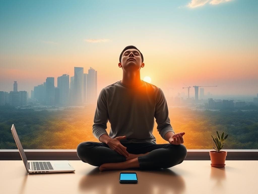 A serene digital landscape, where a person sits cross-legged, eyes closed, surrounded by a soft glow of ambient light. The foreground features a minimalist desk with a laptop, smartphone, and a single potted plant, symbolizing a mindful balance between technology and nature. The middle ground showcases a tranquil cityscape, with skyscrapers and trees blending harmoniously. In the background, a gentle sunset casts a warm, calming hue, evoking a sense of peace and introspection. The scene is captured with a wide-angle lens, creating a sense of depth and immersion. Overall, the image conveys the concept of "online mindfulness" - a digital detox that allows the individual to find stillness and focus amidst the constantly connected world.