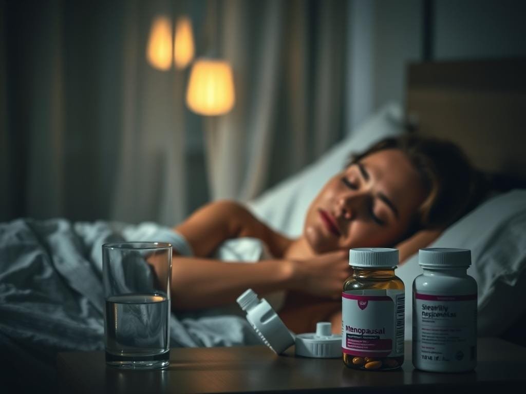 A serene, dimly lit bedroom scene with a woman sleeping peacefully, her face relaxed and her breathing steady. Soft moonlight filters through gauzy curtains, casting a warm, soothing glow. In the foreground, a nightstand holds a glass of water and a bottle of menopausal supplements, hinting at the connection between sleep quality and hormonal changes. The background is blurred, emphasizing the woman's tranquil slumber, a symbol of the restorative power of good sleep during this transitional phase of life. Subtle textures and muted colors create a calming, atmospheric ambiance, capturing the essence of the section's focus on the interplay between sleep and reproductive hormones.