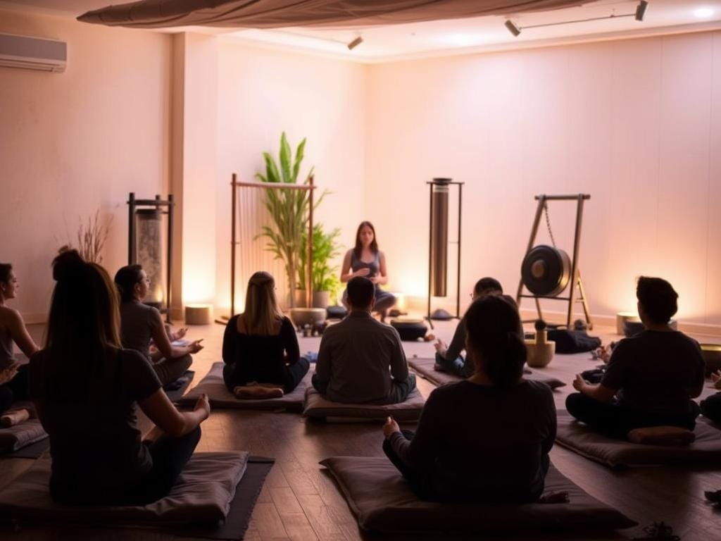A serene, dimly lit studio space with soft, ambient lighting illuminating a group of people reclining on cushions, immersed in a sound bath experience. The foreground features the silhouettes of participants, their eyes closed, as they listen intently to the soothing vibrations of crystal singing bowls, chimes, and gongs. The middle ground showcases the sound healing practitioner, skillfully playing the instruments, creating a harmonious, meditative atmosphere. The background subtly depicts a tranquil, nature-inspired setting, such as a garden or a cozy, spa-like environment, further enhancing the sense of relaxation and rejuvenation.