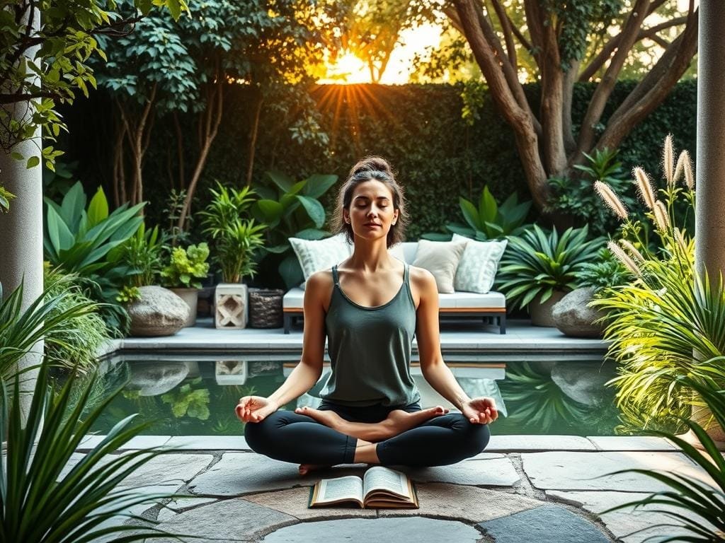 A serene garden oasis, with lush greenery and a tranquil water feature. In the foreground, a person sits cross-legged, eyes closed, practicing mindful meditation, their expression one of inner peace. The middle ground features a cozy nook with plush cushions and a book, symbolizing the importance of self-reflection and personal growth. In the background, sunlight filters through the trees, casting a warm, golden glow and creating a sense of balance and harmony. The scene conveys a calming, restorative atmosphere, encouraging the viewer to embrace self-care practices and build resilience.
