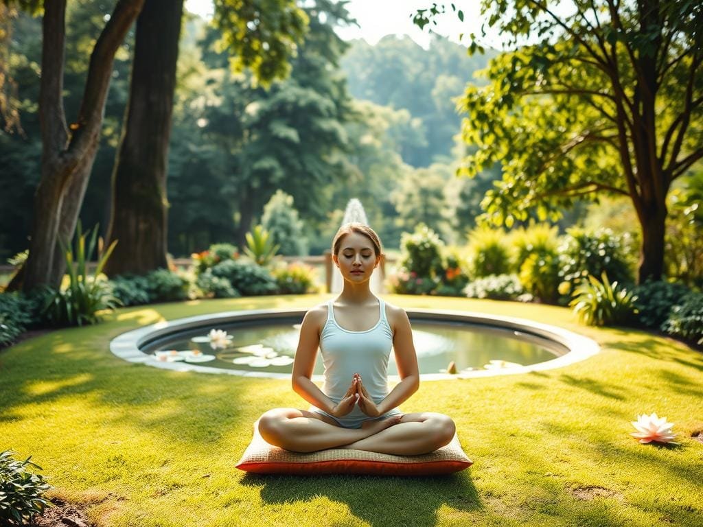 A serene garden setting with a central focus on a person in a meditative pose, surrounded by various mindfulness elements. The foreground features a person sitting cross-legged on a cushion, eyes closed, hands in a gentle mudra, radiating an aura of inner peace. The middle ground showcases a calming water feature, such as a small pond or fountain, with floating lotus blossoms. The background depicts a lush, verdant landscape with towering trees, soft natural lighting, and a sense of tranquility. The overall scene conveys a harmonious blend of nature, introspection, and the practice of mindfulness as a pathway to resilience.