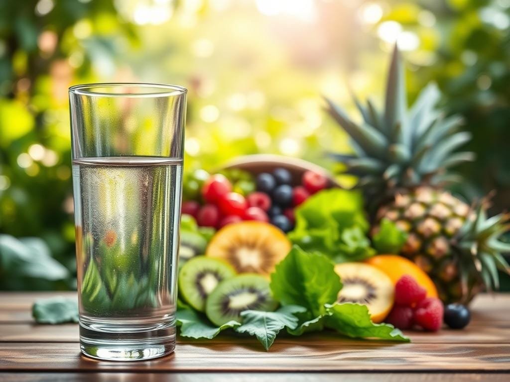 A serene, hydrating scene depicting the role of water in gut health. In the foreground, a transparent glass of crystalline water sits on a wooden table, reflecting the light. In the middle ground, lush, verdant leafy greens and vibrant fruits like kiwi, pineapple, and berries are arranged artfully, symbolizing the nourishing, hydrating properties of whole foods. The background features a softly blurred, sun-dappled scene of a thriving garden, with dappled light and a sense of tranquility. The lighting is natural and warm, creating a calming, inviting atmosphere. Captured with a wide-angle lens to showcase the harmonious relationship between water, produce, and the natural environment.