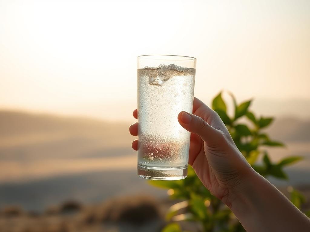 A serene, hydrating scene showcasing the importance of water intake for weight loss. In the foreground, a hand gently holds a glass of clear, sparkling water against a soft, blurred background. Rays of warm, diffused sunlight gently illuminate the glass, creating a subtle, inviting glow. The middle ground features a lush, verdant plant with vibrant leaves, symbolizing the rejuvenating power of hydration. In the distant background, a minimalist, monochromatic landscape sets a calm, contemplative mood, encouraging the viewer to reflect on the connection between proper hydration and successful weight management.