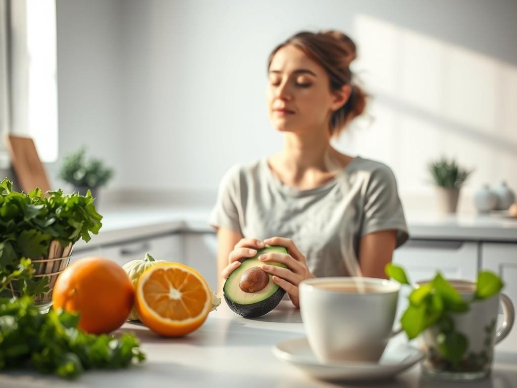 A serene kitchen counter, bathed in soft, natural light. In the foreground, an array of fresh, vibrant ingredients - a crisp green salad, a juicy orange, a steaming cup of herbal tea. The middle ground features a person sitting mindfully, eyes closed, hand gently resting on a ripe avocado. Their expression is one of calm focus, as they connect with the present moment and the nourishing foods before them. In the background, a potted plant and a minimalist, Scandinavian-inspired interior, conveying a sense of balance and simplicity. This image captures the essence of mindful eating - a practice of heightened awareness, gratitude, and a reverence for the sustenance that sustains us.