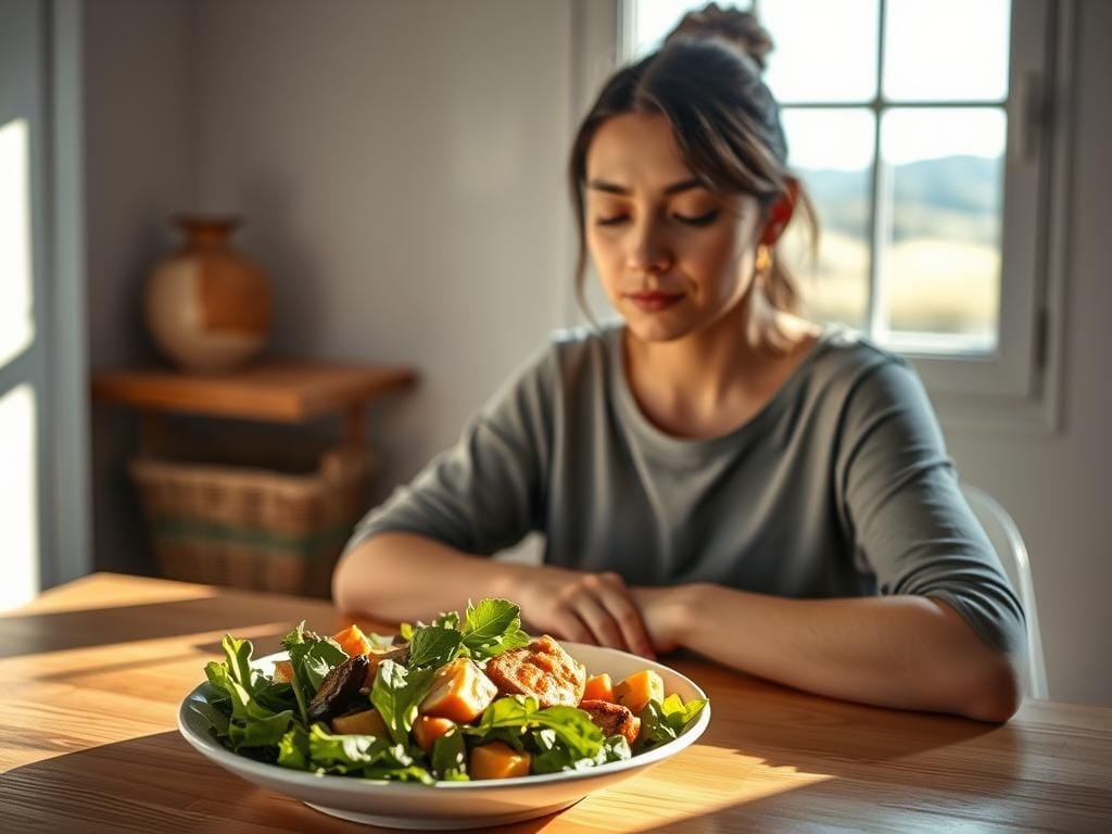A serene kitchen setting with a person mindfully savoring a healthy meal. Soft, natural lighting illuminates the scene, creating a calming ambiance. In the foreground, a person sits at a wooden table, their gaze focused intently on the plate before them. The dish features a vibrant array of fresh, colorful ingredients - leafy greens, roasted vegetables, and a protein-rich component. The person's expression reflects a sense of tranquility and presence, as they take their time to fully engage with the flavors and textures of the food. In the background, a window overlooks a peaceful, natural landscape, further reinforcing the idea of finding balance and harmony. The overall composition conveys a sense of grounding, self-awareness, and a healthy relationship with nourishment.
