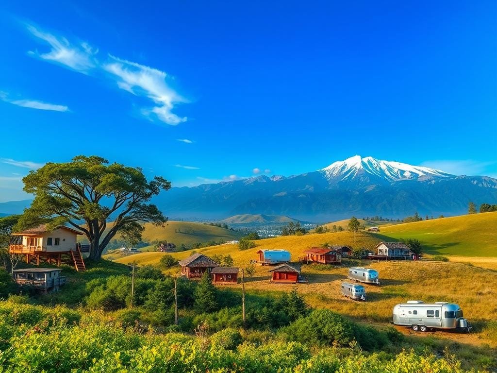 A serene landscape of rolling hills and lush vegetation, framed by a vibrant blue sky. In the foreground, a cozy treehouse peeks out amidst the treetops, its warm lights beckoning. Scattered throughout the middle ground, various architectural structures - modern cabins, thatched-roof bungalows, and sleek airstreams - dot the idyllic scene, each offering a unique digital nomad experience. In the distance, a stunning mountain range rises majestically, its peaks capped with pristine snow. The entire image is bathed in a soft, golden light, creating a tranquil and inviting atmosphere, perfect for the digital nomad seeking the perfect blend of work and adventure.