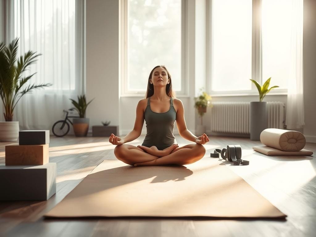 A serene, luminous indoor setting with soft, diffused natural light streaming through large windows. In the foreground, a person sits in a cross-legged meditation pose on a plush yoga mat, eyes closed, radiating a sense of inner calm and mindfulness. In the middle ground, a variety of yoga props - blocks, straps, and bolsters - are neatly arranged, suggesting a well-rounded practice. The background features minimalist decor, with a few potted plants adding a touch of greenery, creating an atmosphere of tranquility and focus. The overall mood is one of balance, harmony, and the integration of physical and mental well-being.