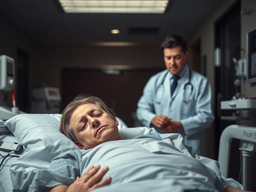 A serene medical scene with a person experiencing potential side effects of Ozempic, a medication for type 2 diabetes and weight loss. In the foreground, a person lies resting, their face expressing discomfort. Surrounding them, various medical equipment and supplies suggest a clinical setting. The middle ground features a doctor or nurse tending to the patient, their expression one of concern. In the background, a dimly lit hospital room with subtle lighting, creating a calming yet somber atmosphere. The overall composition conveys the serious nature of the Ozempic side effects, while maintaining a sense of professionalism and care.