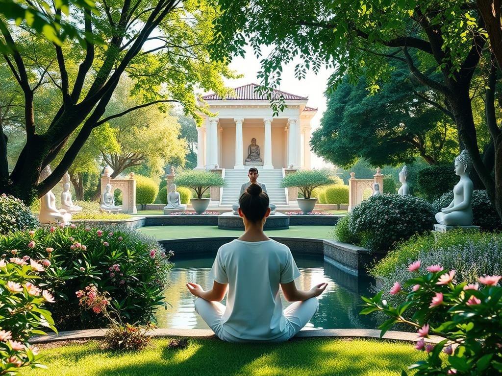A serene meditation garden, bathed in soft natural light. In the foreground, a person sitting cross-legged, hands resting in lap, eyes closed in deep contemplation. Lush, verdant foliage surrounds them, with delicate blooms and a tranquil pond reflecting the sky. The middle ground features various meditation poses - lotus, hero's, and corpse - each figure radiating calm and focus. In the background, a temple-like structure stands, its architecture a harmonious blend of East and West. The overall atmosphere is one of inner peace, balance, and the integration of body, mind, and spirit.