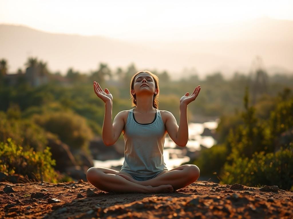 A serene, meditative scene set in a natural, earthly landscape. In the foreground, a person sits cross-legged, eyes closed, palms upturned in a gesture of openness and gratitude. Warm, golden light filters through the scene, creating a sense of tranquility and inner reflection. In the middle ground, lush foliage and a flowing stream or river create a soothing, nature-inspired backdrop. The background features a distant, hazy mountain range, further emphasizing the peaceful, contemplative atmosphere. The overall mood is one of deep introspection, mindfulness, and profound appreciation for the present moment.