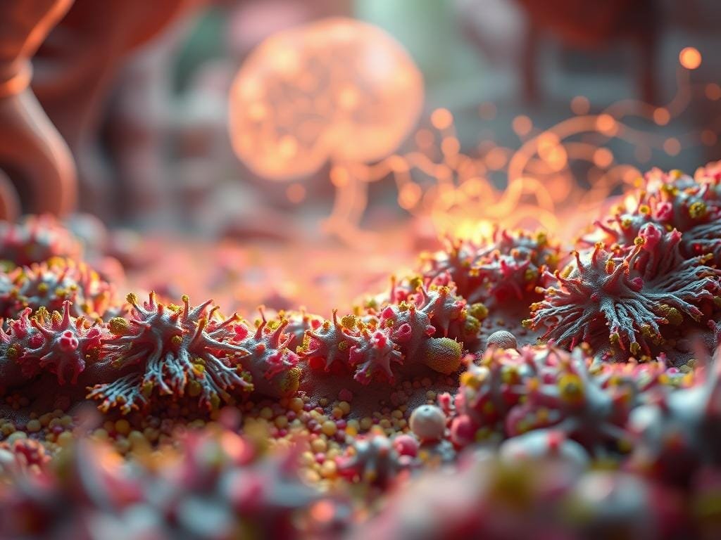 A serene, microscopic landscape depicting the intricate connections between the gut and the brain. In the foreground, a vibrant microbial ecosystem thrives, with diverse colonies of bacteria and probiotics. In the middle ground, neural pathways wind through the digestive tract, transmitting signals between the gut and the brain. The background features a glowing, stylized representation of neurotransmitter production, with cascading waves of serotonin, dopamine, and other mood-regulating chemicals. Soft, warm lighting illuminates the scene, creating a sense of harmony and balance. The composition emphasizes the delicate, interdependent relationship between gut health and the well-being of the mind.