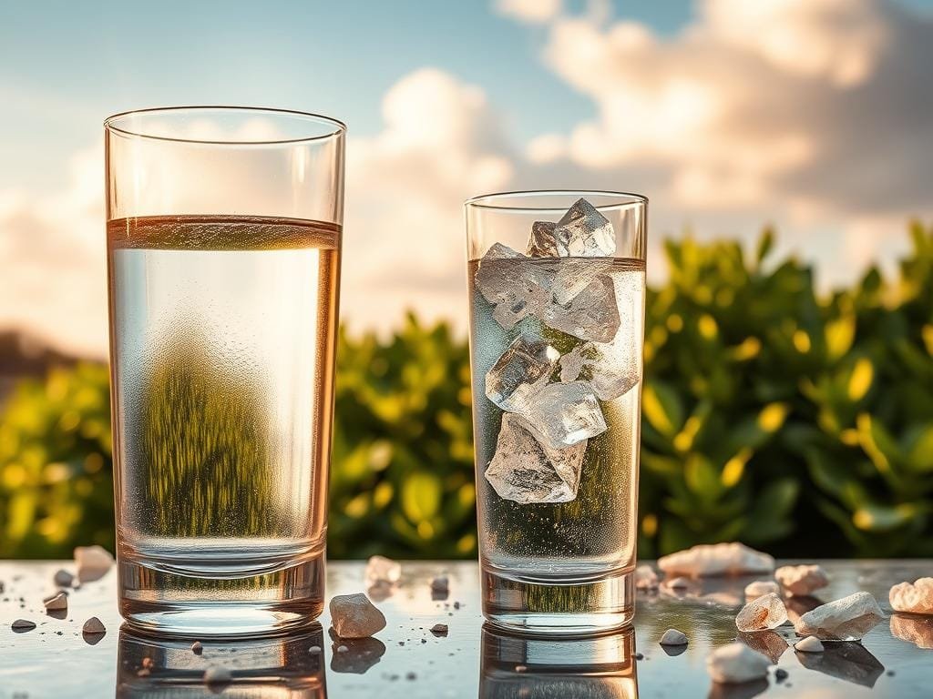 A serene, mineral-rich landscape depicting the role of electrolytes in hydration. In the foreground, a transparent glass of clear, refreshing water reflects the warm, golden sunlight. Suspended within the water are elegant, crystalline formations representing the essential electrolytes - sodium, potassium, calcium, and magnesium. The middle ground features lush, verdant foliage, symbolizing the verdant, life-giving nature of proper electrolyte balance. The background depicts a tranquil, cloud-kissed sky, conveying a sense of balance, harmony, and optimal physiological function. Soft, diffused lighting illuminates the scene, creating a calming, contemplative atmosphere. Captured with a wide-angle lens to emphasize the interconnectedness of the elements.