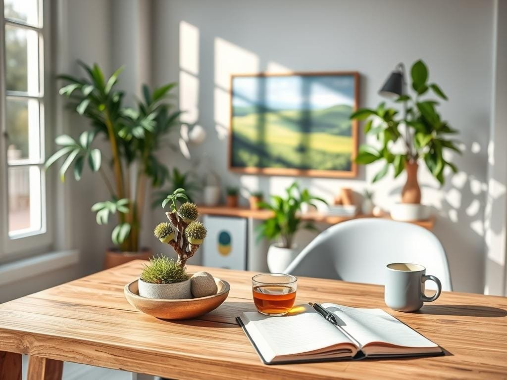A serene, minimalist home office with natural light streaming through large windows. On the wooden desk, an assortment of relaxation tools - a small zen garden, a scented candle, a cup of herbal tea, and a journal with a pen. In the background, lush indoor plants and a landscape painting create a calming, nature-inspired atmosphere. The room exudes a sense of tranquility and mindfulness, conveying effective stress management techniques for a longer, healthier life.