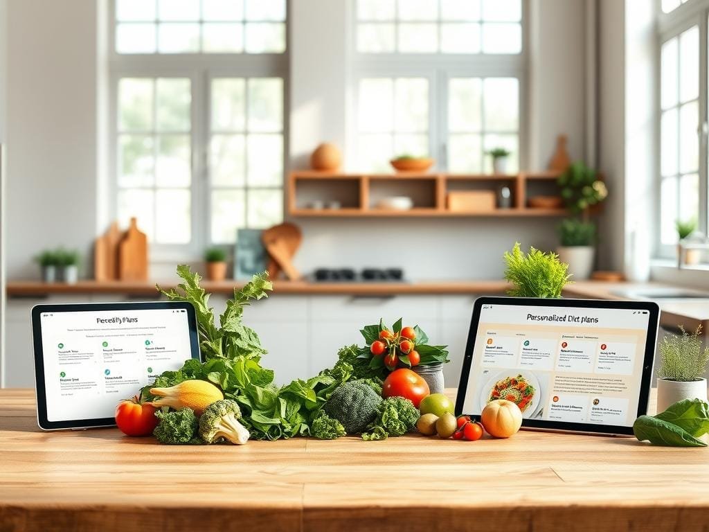 A serene, minimalist kitchen scene with a wooden table in the foreground, showcasing various personalized diet plans presented in a clean, organized manner. The plans are displayed on sleek, modern tablets and surrounded by fresh, vibrant produce - leafy greens, colorful vegetables, and a few carefully selected superfoods. Soft, natural lighting filters in through large windows, creating a warm, inviting atmosphere. The background features a simple, uncluttered wall with a soothing, neutral color palette, allowing the personalized diet plans to take center stage. The overall composition conveys a sense of balance, simplicity, and a focus on healthy, tailored nutrition.