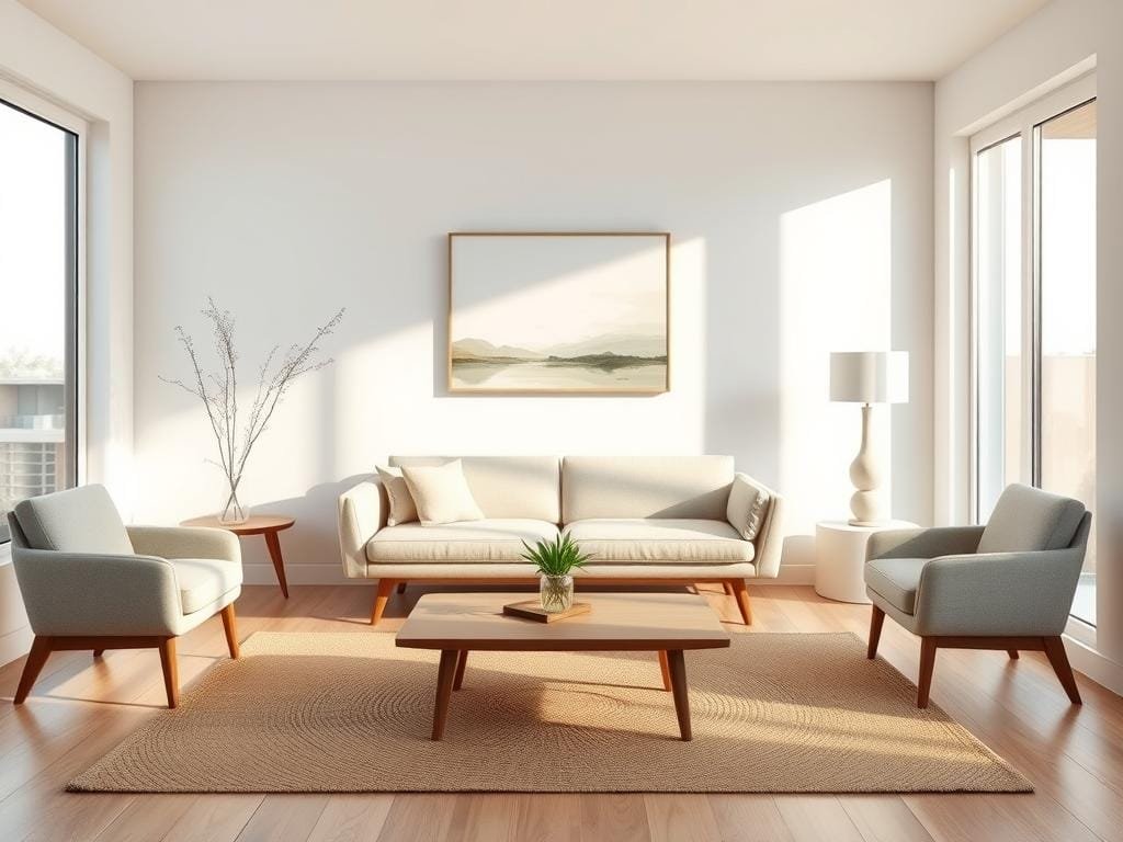 A serene, minimalist living room with clean lines and a calming palette. The space is bathed in soft, natural light from large windows, casting a warm glow on the muted tones of the room. A mid-century inspired sofa in a neutral fabric takes center stage, complemented by a low, wooden coffee table and a pair of minimalist armchairs. The walls are adorned with a single, abstract artwork, allowing the simplicity of the furnishings to shine. Subtle textures, such as the woven rug and the grain of the wood, add depth and interest to the otherwise uncluttered space. The overall atmosphere is one of tranquility and purposeful minimalism.