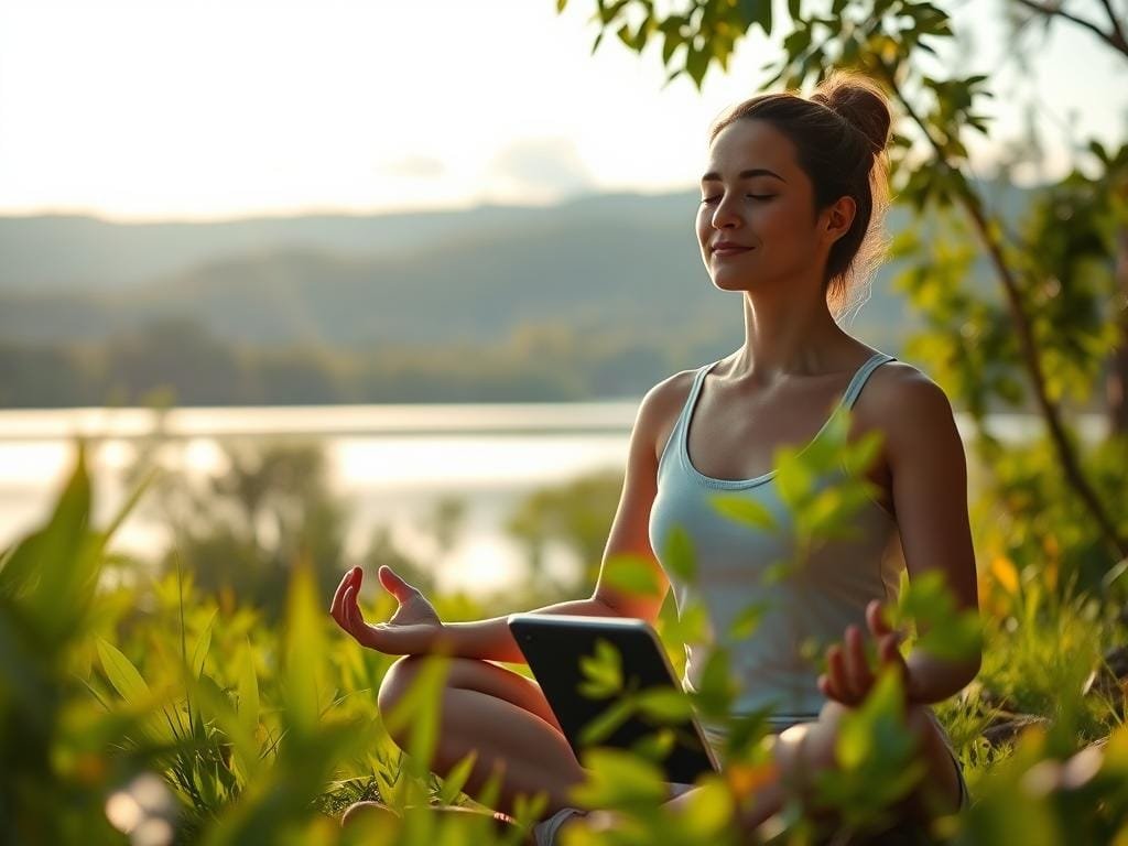 A serene natural landscape with lush greenery and a tranquil lake, bathed in soft, golden sunlight. In the foreground, a person meditating in a lotus position, their eyes closed and a peaceful expression on their face. The middle ground features a digital device, partially obscured by the surrounding foliage, suggesting a digital detox and a reconnection with nature. In the background, a hilly horizon with a few fluffy white clouds, creating a calming, wellness-focused atmosphere. Rendered in a photorealistic style with a shallow depth of field, emphasizing the subject's sense of focus and mindfulness.