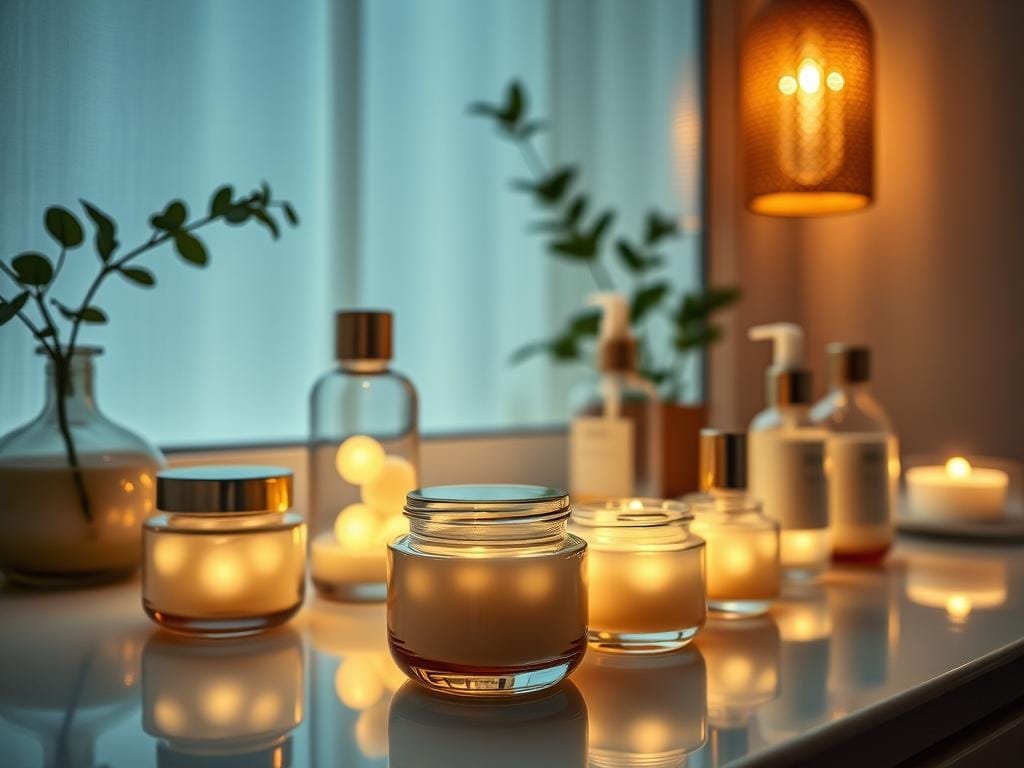 A serene nighttime scene featuring a collection of high-quality K-Beauty snail mucin products on a sleek vanity. The products are elegantly displayed with soft, diffused lighting that creates a warm, spa-like ambiance. The foreground showcases several glass jars and bottles filled with a pearly, translucent snail mucin serum, while the background features a minimalist, Japanese-inspired decor with hints of greenery. The overall mood is one of tranquility and indulgence, reflecting the transformative power of these nourishing skincare items.