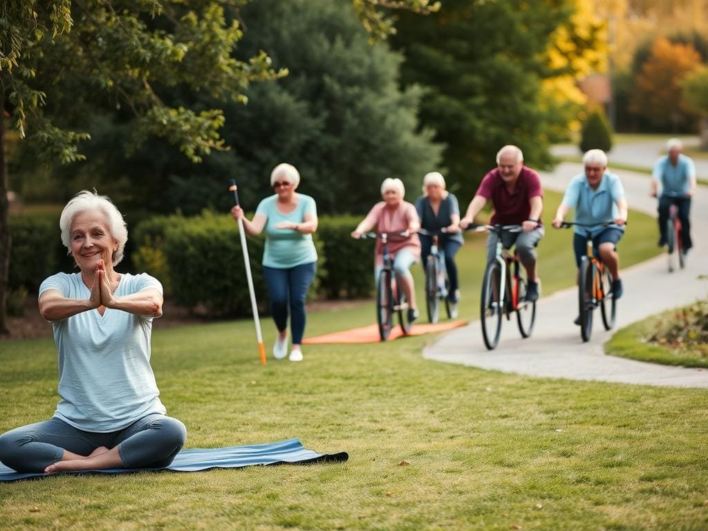 A serene outdoor scene featuring a group of active seniors engaged in various fitness activities. In the foreground, an elderly couple performs gentle stretches on yoga mats, their faces exuding a sense of calm and focus. In the middle ground, a group of seniors partake in a lively game of croquet, their laughter and camaraderie palpable. Towards the background, a senior cycling group pedals leisurely along a winding path, surrounded by lush greenery and a warm, golden afternoon light. The overall atmosphere conveys a spirit of vitality, community, and the joys of staying physically and socially engaged in the golden years.