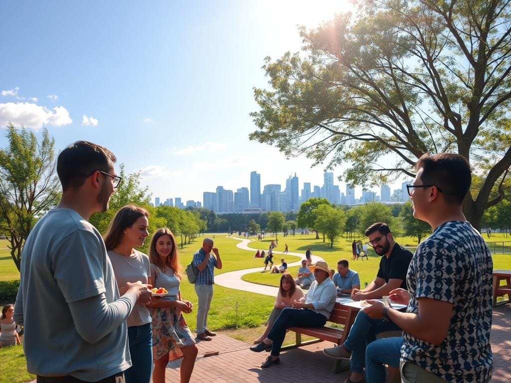 A serene outdoor scene on a sunny day, capturing the essence of social wellness. In the foreground, a group of diverse individuals engaged in lively conversation, their body language and facial expressions conveying a sense of connection and camaraderie. The middle ground features a tranquil park setting with lush greenery, a winding path, and inviting benches where people sit together, sharing a meal or playing a game. In the background, a vibrant city skyline with modern architecture and a clear blue sky, symbolizing the integration of social relationships within a thriving urban environment. The lighting is soft and warm, creating a welcoming ambiance that exudes a sense of community, well-being, and the positive impact of meaningful social interactions.