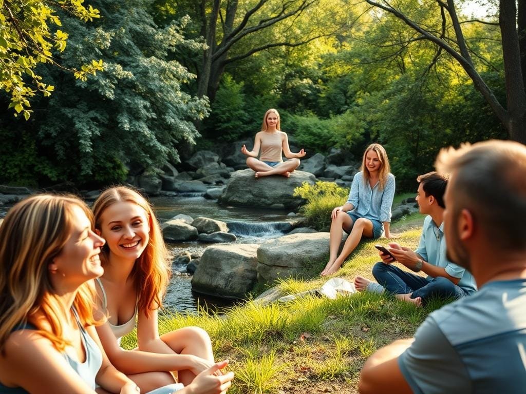 A serene outdoor scene with people immersed in various digital detox activities. In the foreground, a group of friends unplugged and engaged in mindful conversation, their faces radiant with tranquility. The middle ground features a person meditating on a rock, surrounded by lush greenery and a babbling brook. In the background, a family picnicking without electronic devices, their laughter and connection palpable. The lighting is soft and natural, casting a warm, golden glow over the entire scene. The camera angle is slightly elevated, capturing the sense of harmony and balance achieved through the digital detox experience.