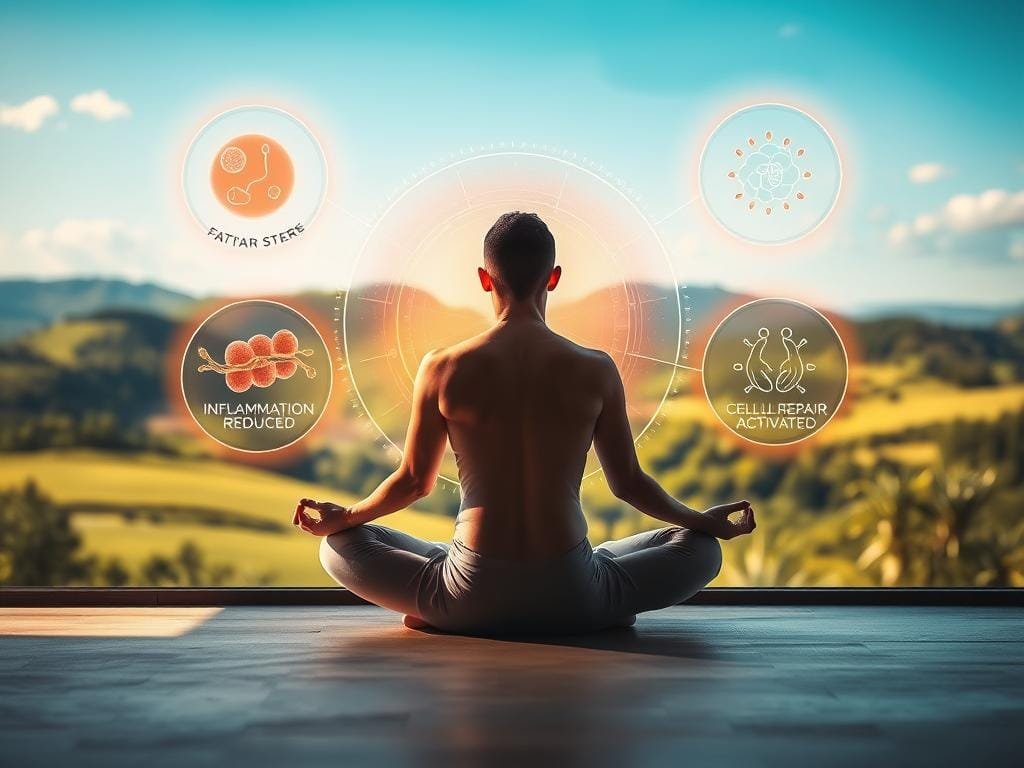 A serene, softly lit scene showcasing the key benefits of intermittent fasting. In the foreground, a person sits cross-legged, hands resting on their knees, exuding a sense of calm and inner peace. Behind them, a glowing, stylized visualization of the biological processes occurring during fasting - fat cells shrinking, inflammation reduced, cellular repair mechanisms activated. In the background, a lush, verdant landscape with rolling hills and a clear, azure sky, symbolizing the rejuvenation and restored vitality that intermittent fasting can bring. The lighting is warm and diffused, creating a meditative atmosphere. Captured with a wide-angle lens to emphasize the expansive, holistic nature of the benefits.