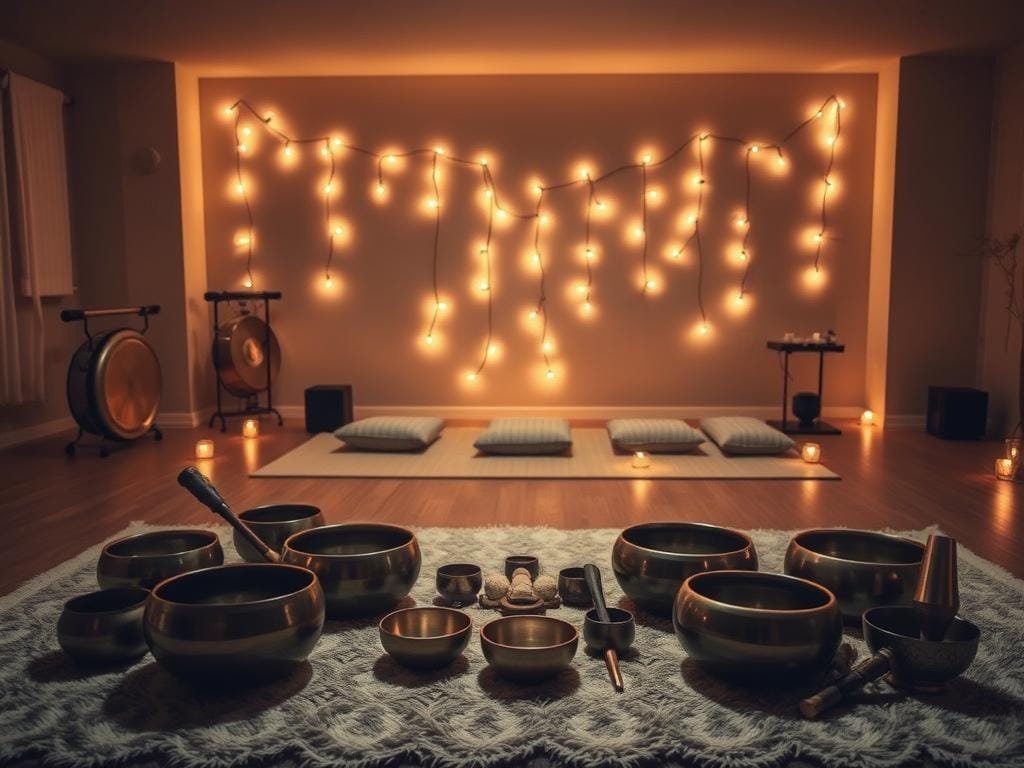 A serene sound bath setting with a dimly lit room, soft ambient lighting, and a focus on natural elements. In the foreground, an array of crystal singing bowls, gongs, and other sound healing instruments are arranged on a plush rug. In the middle ground, several meditation cushions are placed in a semicircle, inviting participants to sit and immerse themselves in the resonant vibrations. The background features a neutral-toned wall adorned with delicate string lights, creating a cozy and tranquil atmosphere. The lighting is warm and diffused, evoking a sense of calm and relaxation. The overall scene exudes a soothing, meditative ambiance perfect for a transformative sound bath experience.