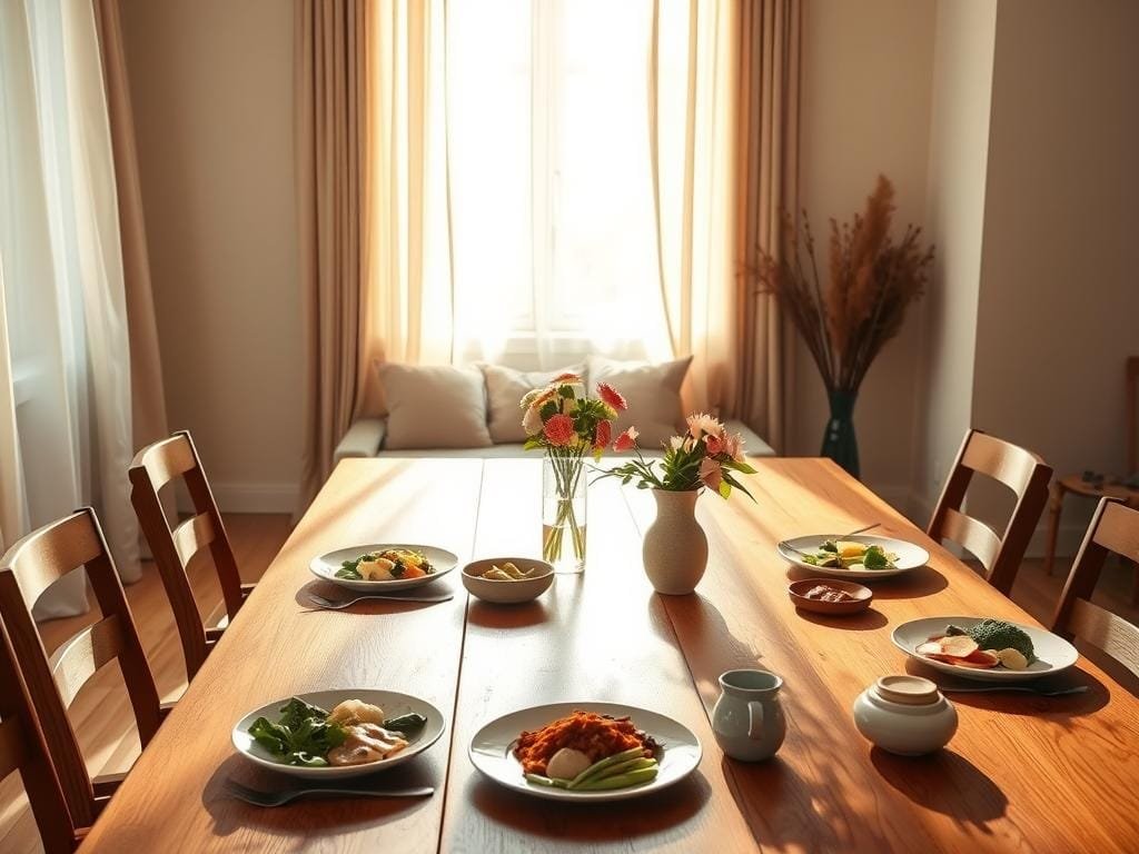 A serene, sun-dappled dining room with a large wooden table set for a mindful mealtime. Soft natural light filters through sheer curtains, casting a warm glow. On the table, an artfully arranged spread of wholesome, plant-based dishes, complemented by a simple vase of fresh flowers. Nearby, a contemplative seating area with plush pillows invites unhurried contemplation. The overall atmosphere is one of tranquility and mindful attention, encouraging a deeper connection with the nourishing experience of the meal.
