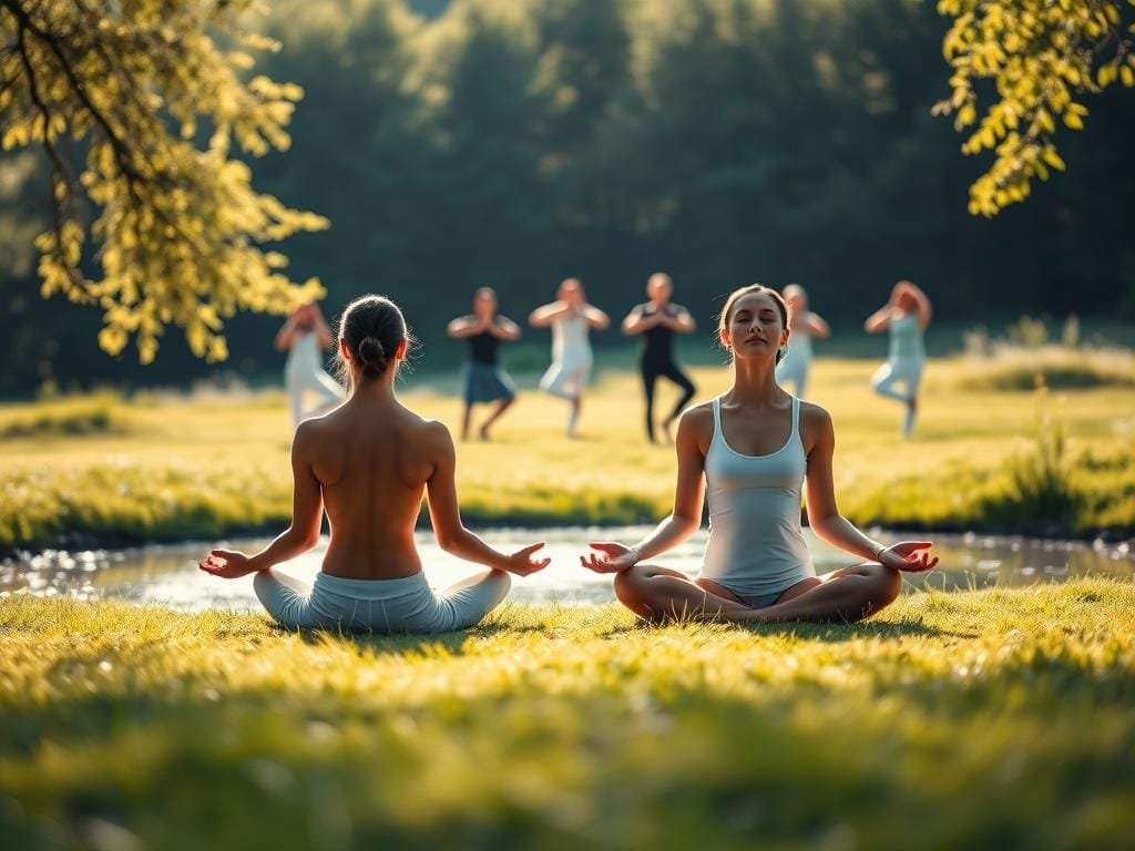 A serene, sun-dappled meadow with a peaceful pond at its center. In the foreground, two people sit in lotus position, their eyes closed in deep meditation, their bodies emanating a soft, ethereal glow. Behind them, a group of yogis move through a flowing sequence of asanas, their limbs gracefully intertwined. Soft, diffused lighting illuminates the scene, creating a sense of tranquility and interconnectedness. The background features a lush forest, the trees swaying gently in the breeze, as if in harmony with the practitioners' movements. The overall atmosphere conveys the profound connection between the physical practice of yoga and the mindful stillness of meditation.
