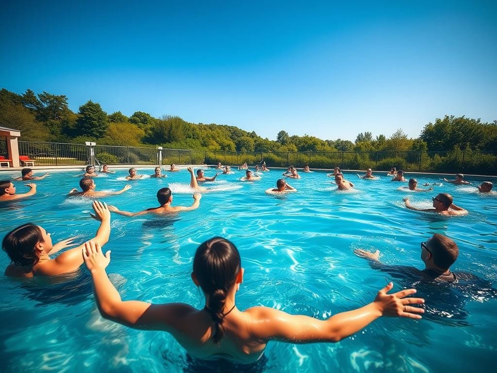 A serene, sun-dappled outdoor pool setting, with a group of people engaged in various aquatic exercises. The foreground shows several individuals gracefully performing water aerobics, their limbs cutting through the glistening surface of the pool. The middle ground captures a mix of swimmers gliding through the water and others using kickboards and aquatic dumbbells for resistance training. In the background, lush greenery and a clear blue sky create a tranquil, rejuvenating atmosphere. The lighting is soft and natural, casting a warm, inviting glow over the scene. The camera angle is slightly elevated, providing a panoramic view of the water workout activities.
