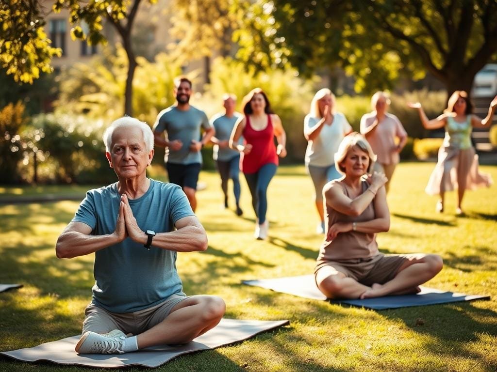 A serene, sun-dappled outdoor setting showcases a diverse group of people engaged in a variety of age-appropriate fitness activities. In the foreground, a senior couple performs gentle stretches on yoga mats, their expressions calm and focused. In the middle ground, a group of young adults jog together, their strides in sync. Further back, a family of mixed ages practices tai chi, their movements flowing and graceful. The scene is bathed in warm, natural light, conveying a sense of harmony and well-being. The camera angle is slightly elevated, giving a panoramic view of the inclusive, multigenerational fitness scene.