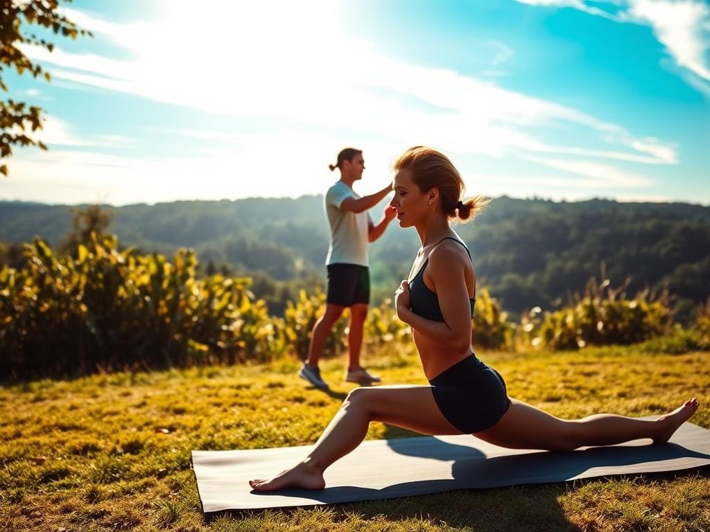 A serene, sun-dappled scene depicting the science of recovery and injury prevention. In the foreground, a runner stretches on a yoga mat, their muscles relaxed and radiant. In the middle ground, a physical therapist guides an athlete through targeted rehabilitation exercises, their movements graceful and intentional. The background showcases a lush, verdant landscape, with soothing blue skies and wispy clouds overhead. The lighting is soft and natural, casting a warm, healing glow over the entire scene. The overall mood is one of tranquility, healing, and the pursuit of peak athletic performance through mindful recovery.
