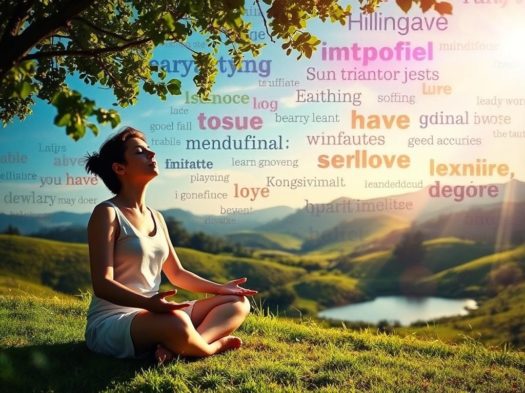 A serene, sun-dappled scene with a vibrant, textured background of swirling, colorful manifestation affirmations floating gently in the air. In the foreground, a person sits cross-legged, eyes closed, hands resting on their lap in a meditative pose, enveloped in a soft, warm light. The middle ground features a lush, verdant landscape with rolling hills and a tranquil, reflective pond. The background is a dreamlike, abstract realm of positive phrases and uplifting words that seem to emanate a sense of energy and possibility. The overall atmosphere is one of focused contemplation, inner peace, and the power of visualization to bring forth one's deepest desires.